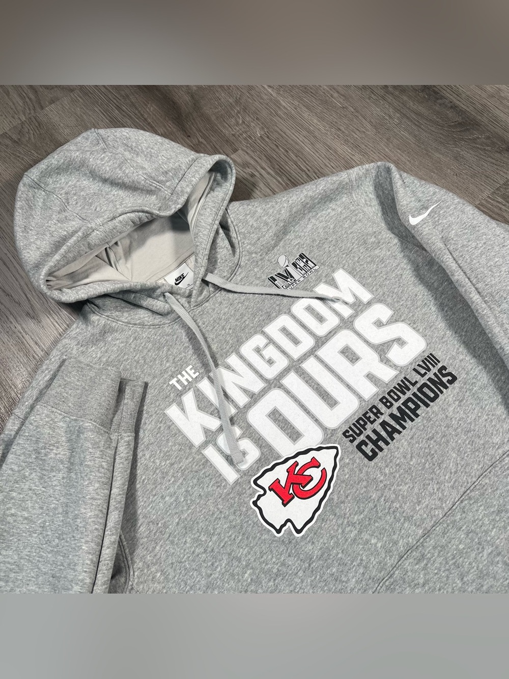 Kansas City Chiefs Kingdom Mens XL Nike Gray Hoodie Sweatshirt Super Bowl LVIII